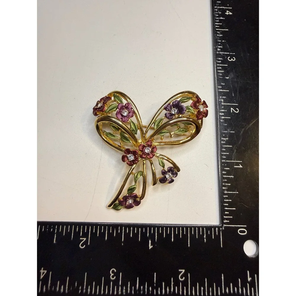 Gold Tone Floral Bow Brooch Purple Red Enamel Rhinestone Ribbon Pin Accessory